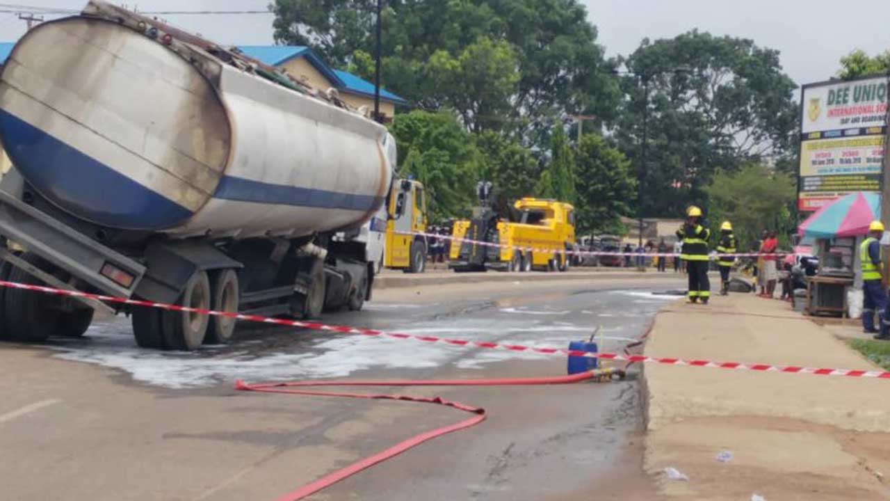 Image result for Vehicle fall along Otedola bridge in Lagos, spills content