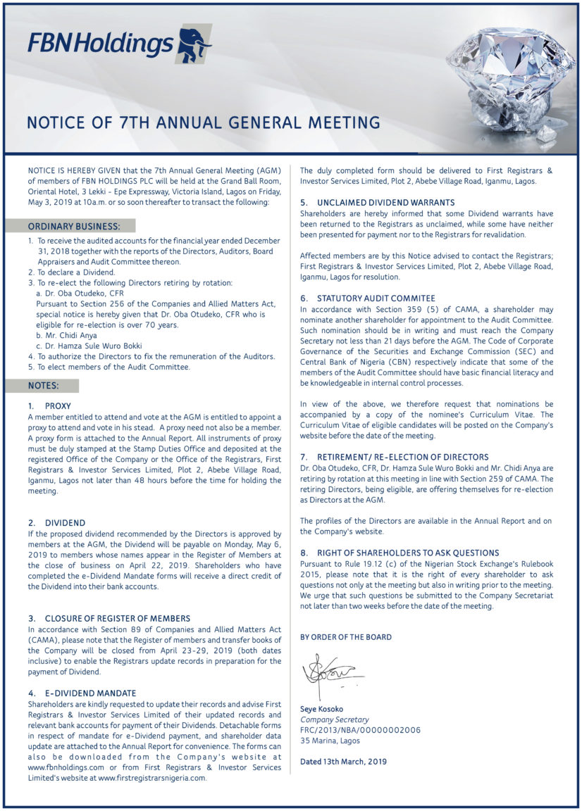 FBN Holdings Notice Of 7th AGM | The Guardian Nigeria News - Nigeria ...