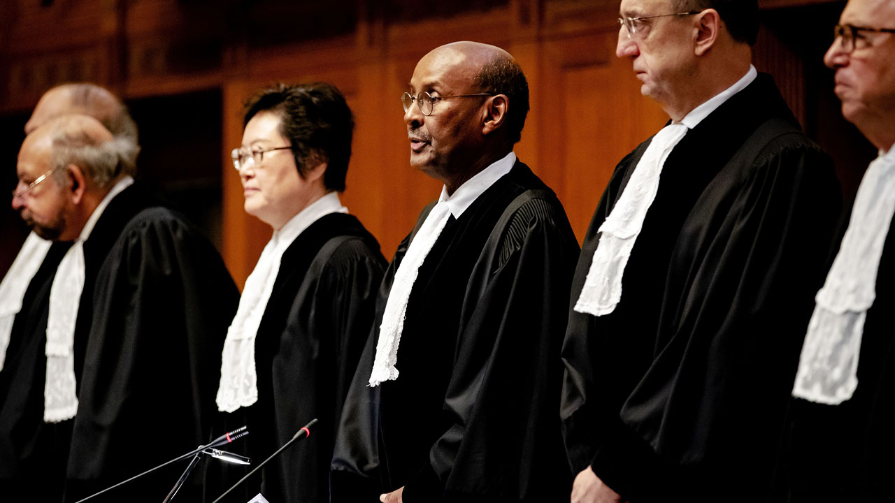 Image result for President of the International Court of Justice, Abdulqawi Ahmed Yusuf (centre), speaks during the ruling on January 23, 2020 in the lawsuit filed by The Gambia against Myanmar, in which Myanmar is accused of genocide against Rohingya Muslims.