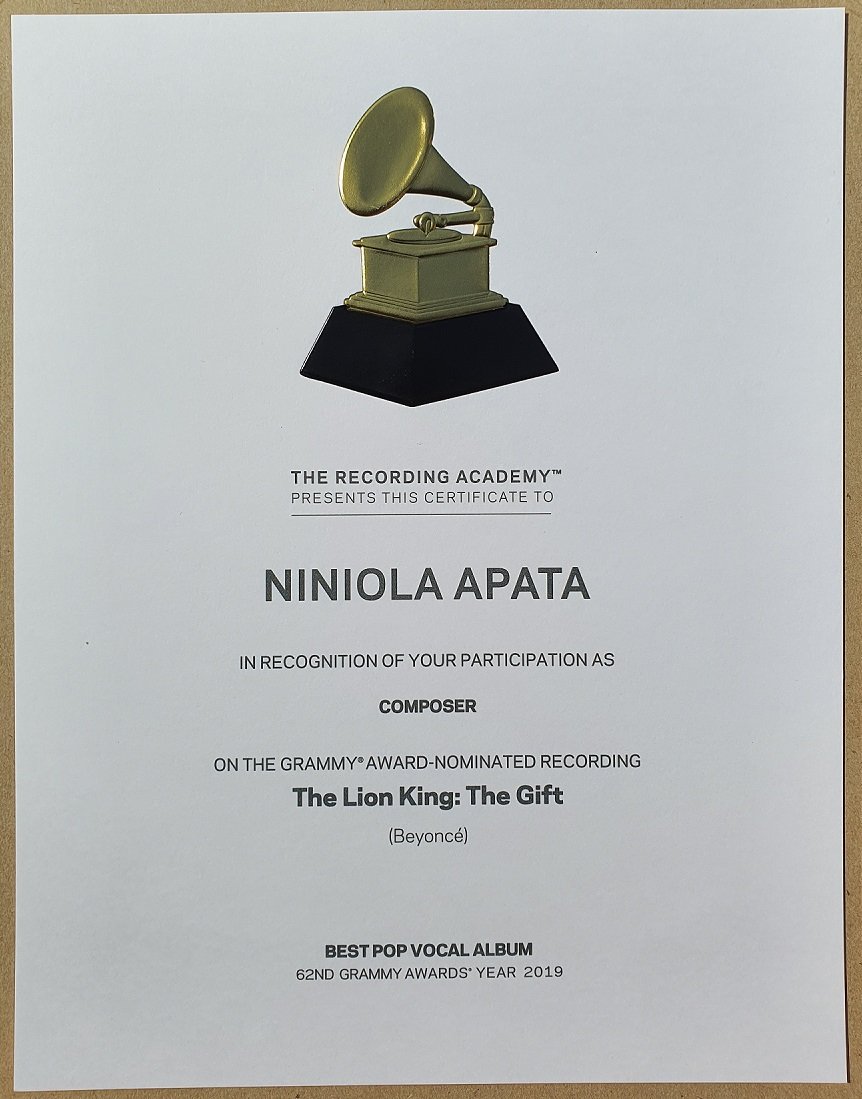 Niniola Grammy certificate