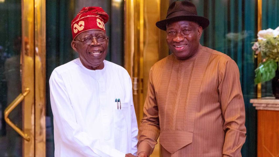 President Bola Tinubu (left) with former President Goodluck Jonathan when the latter paid him a visit at the State House, Abuja... PHOTO: PHILIP OJISUA