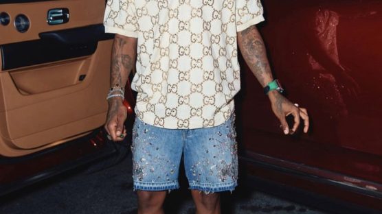 Louis Vuitton Green Speckled Monogram Shorts worn by Burna Boy in