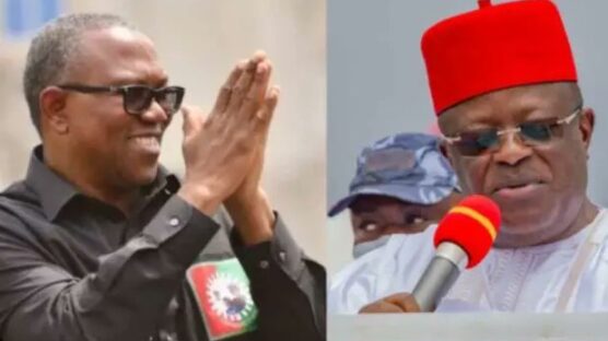 David Umahi (right) has accused Peter Obi of inciting the Southeast against President Bola Tinubu's administration