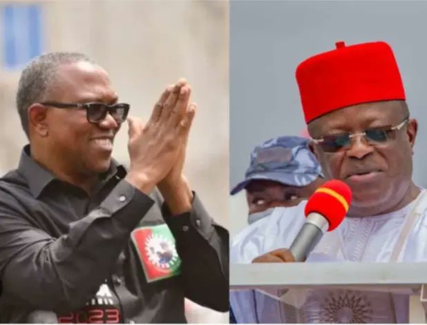 David Umahi (right) has accused Peter Obi of inciting the Southeast against President Bola Tinubu's administration 