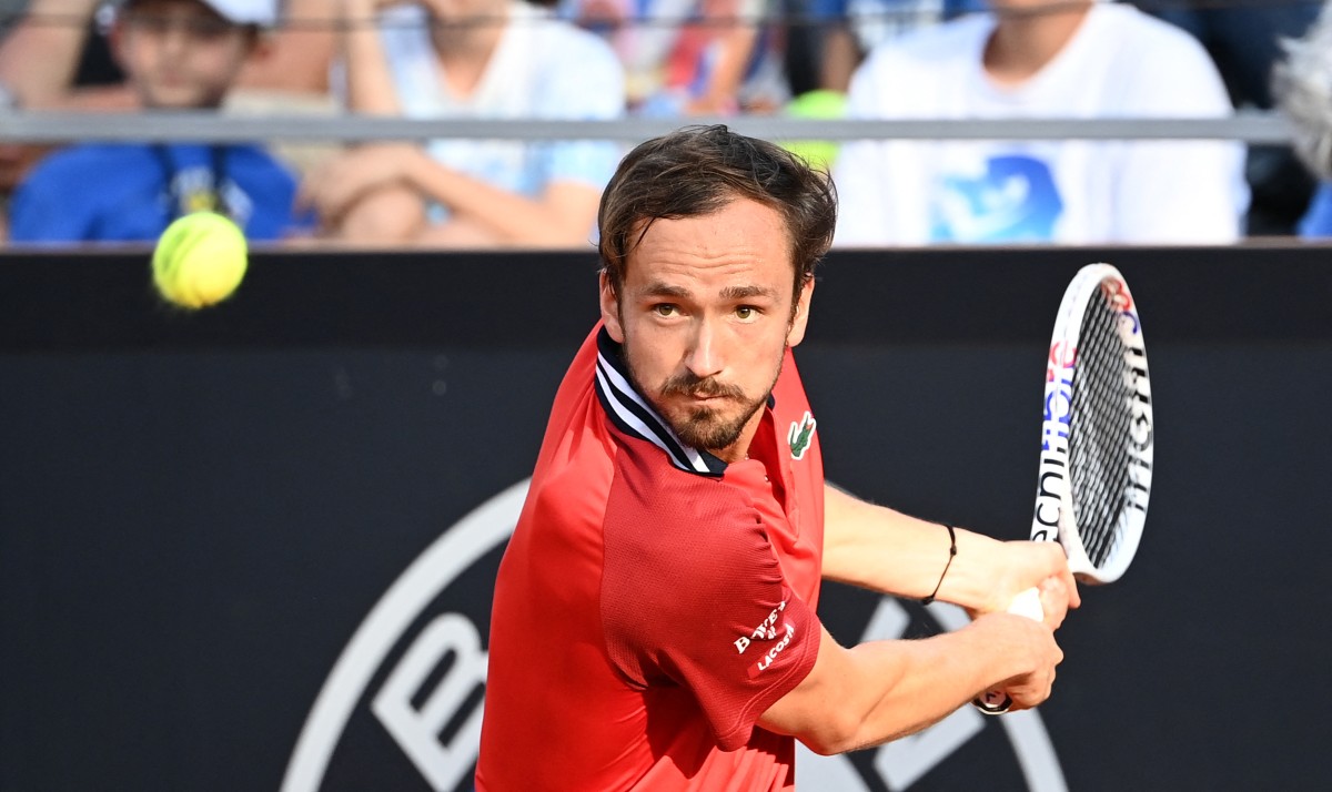 Russia's Daniil Medvedev eyes the ball as he plays against US Tommy Paul