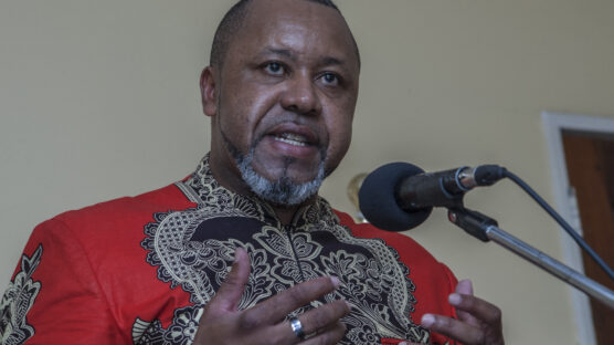 Malawi's Vice President, Saulos Chilima, speaks at a press conference at his private residence in Lilongwe on February 5, 2020 following the Lilongwe Constitutional Court's decision on February 3, 2020, to nullify presidential results of the May 21, 2019, Tripartite Elections. (Photo by AMOS GUMULIRA / AFP)