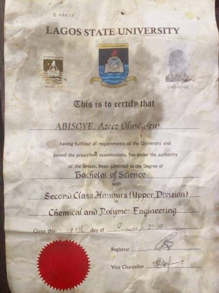 LASU certificate allegedly found at a suya spot 