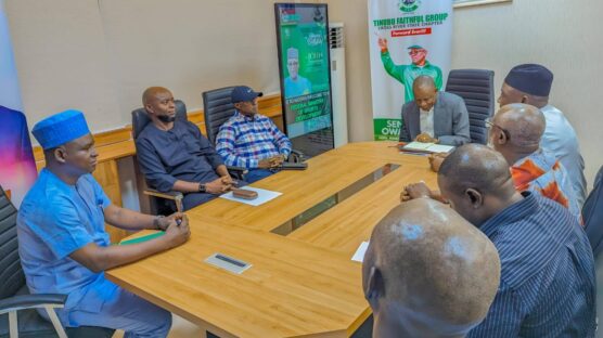 The Sports Minister, Senator John Owan-Enoh in a meeting with the President of the Nigerian Football Federation (NFF), Ibrahim Gusau and Super Eagles coach, Finidi George in Abuja