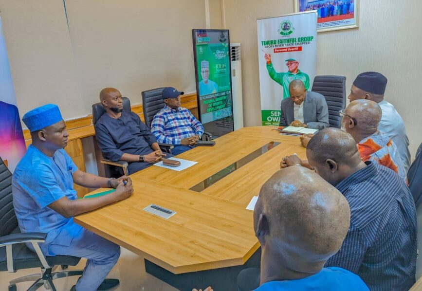 The Sports Minister, Senator John Owan-Enoh in a meeting with the President of the Nigerian Football Federation (NFF), Ibrahim Gusau and Super Eagles coach, Finidi George in Abuja