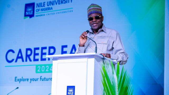 Nile University’s Vice Chancellor, Prof. Dilli Dogo, delivering a welcome address to participants at the 5th Career Fair of Nile University, on June 4, 2024.