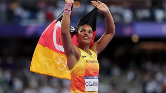 Yemisi Ogunleye celebrates after winning a gold medal for Germany as athletes of Nigerian heritage shine in Paris Olympics