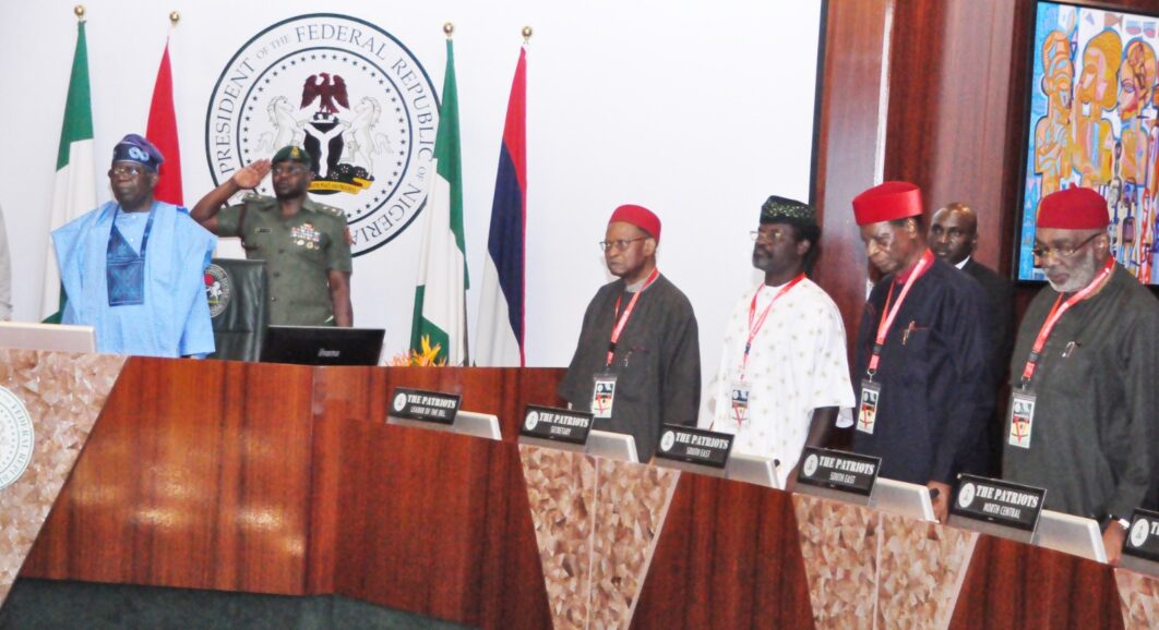 Pic From left: President Bola Tinubu; former Common Wealth Secretary General/Leader of Delegation, Chief Emeka Anyaoku; General Secretary of the Patriots, Oluwale Okunniyi; former Chairman of Police Service Commission, Chief Simon Okeke and Former Special Adviser to President Jonathan on Political Matters, Sen Ben Obi during a meeting of the of the President with members of the Patriots at the Presidential Villa in Abuja on Friday (9/8/24) /AUGUST/9/8/2024/Callistus Ewelike/NAN