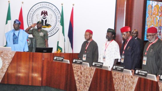 Pic From left: President Bola Tinubu; former Common Wealth Secretary General/Leader of Delegation, Chief Emeka Anyaoku; General Secretary of the Patriots, Oluwale Okunniyi; former Chairman of Police Service Commission, Chief Simon Okeke and Former Special Adviser to President Jonathan on Political Matters, Sen Ben Obi during a meeting of the of the President with members of the Patriots at the Presidential Villa in Abuja on Friday (9/8/24) /AUGUST/9/8/2024/Callistus Ewelike/NAN