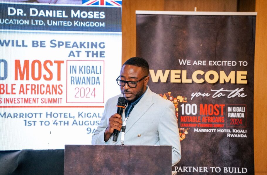 Renowned UK property and wealth creator Daniel Moses, honoured in Rwanda as the International Business and Property Developer of the Year, delivers inspiring keynote at the 100 Most Notable Icons event.