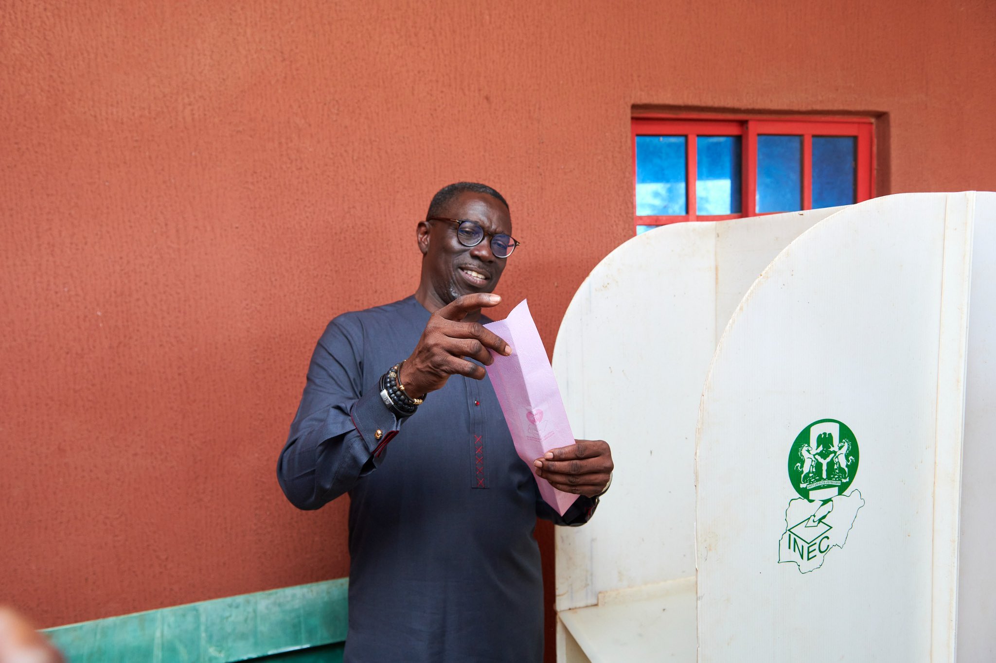 The People's Democratic Party (PDP) candidate, Asue Ighodalo voted at Okaegben ward one, unit 3, Ewohimi, Esan South East LGA 