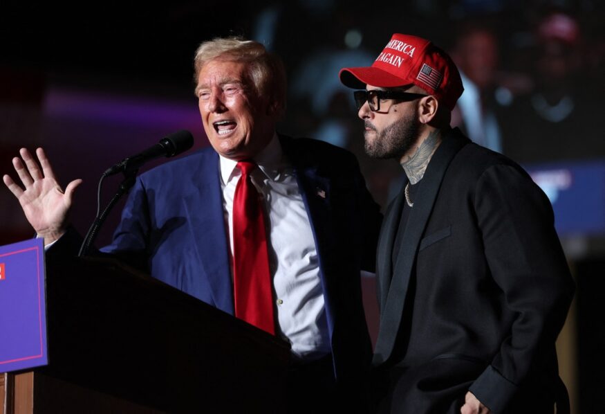 LAS VEGAS, NEVADA - SEPTEMBER 13: Republican presidential nominee, former U.S. President Donald Trump, (L) appears on stage with recording artist Nicky Jam during a campaign rally at The Expo at World Market Center Las Vegas on September 13, 2024 in Las Vegas, Nevada. With 53 days before election day, Former President Trump continues to campaign. Justin Sullivan/Getty Images/AFP (Photo by JUSTIN SULLIVAN / GETTY IMAGES NORTH AMERICA / Getty Images via AFP)