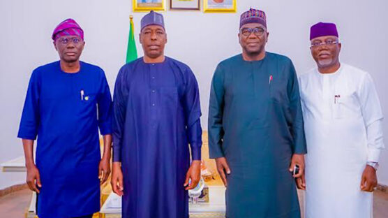 Lagos State Governor, Babajide Sanwo-Olu (left); Borno State Governor, Babagana Zulum; Kwara State Governor, AbdulRahman AbdulRasaq and  Ondo State Governor, Lucky Aiyedatiwa during a commiseration visit to the Borno State governor over the Maiduguri flood disaster