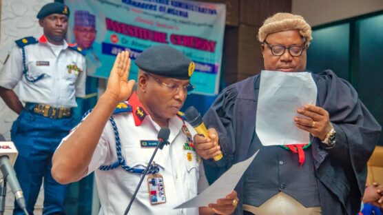 COMMANDANT General of the Nigeria Security and Civil Defense Corps (NSCDC), Dr. Ahmed Audi being sworn-in as the fourth President of (IRAMN)