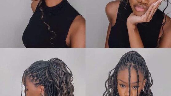 Girl in four frames with stylish boho braids