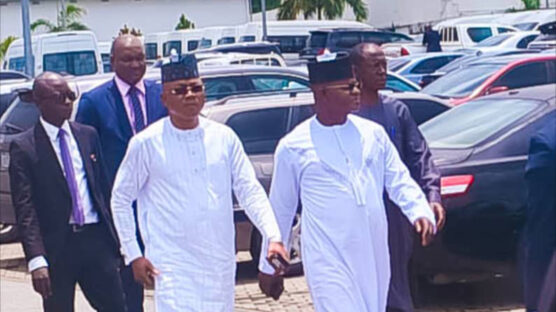 Former Governor of Kogi State, Yahaya Bello, accompanied by his successor, Governor Usman Ododo, arriving at the EFCC headquarters in Abuja, recently.