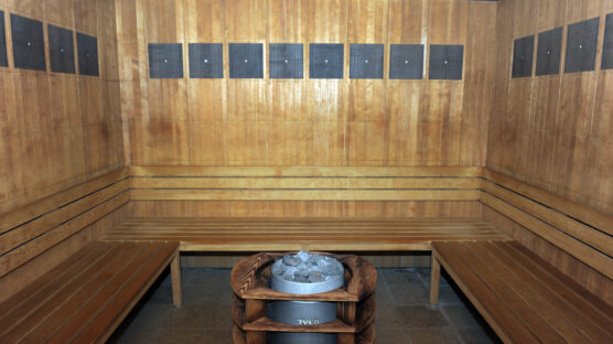 Picture of the sauna of the Hotel L'Agapa taken Mars 17, 2016 in Perros-Guirrec, western of France. The hotel will host the team of Albania during the Euro 2016. AFP PHOTO FRED TANNEAU