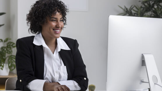 A professional working class lady having a virtual interview