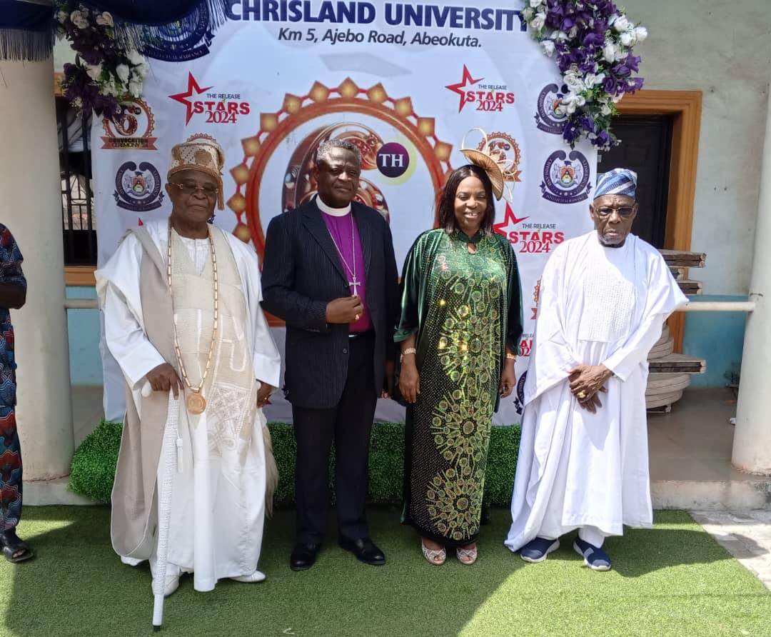 L-R: Alake of Egbaland, Adedotun Aremu Gbadebo; Venerable Collins Babalola; his wife, Prof. Chinedum Peace Babalola; and former President Olusegun Obasanjo at the valedictory event in Abeokuta.