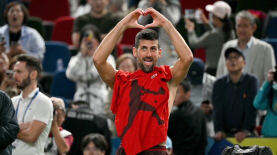 Novak Djokovic celebrates after beating Taylor Fritz to set up a blockbuster Shanghai Masters final with world number one, Jannik Sinner