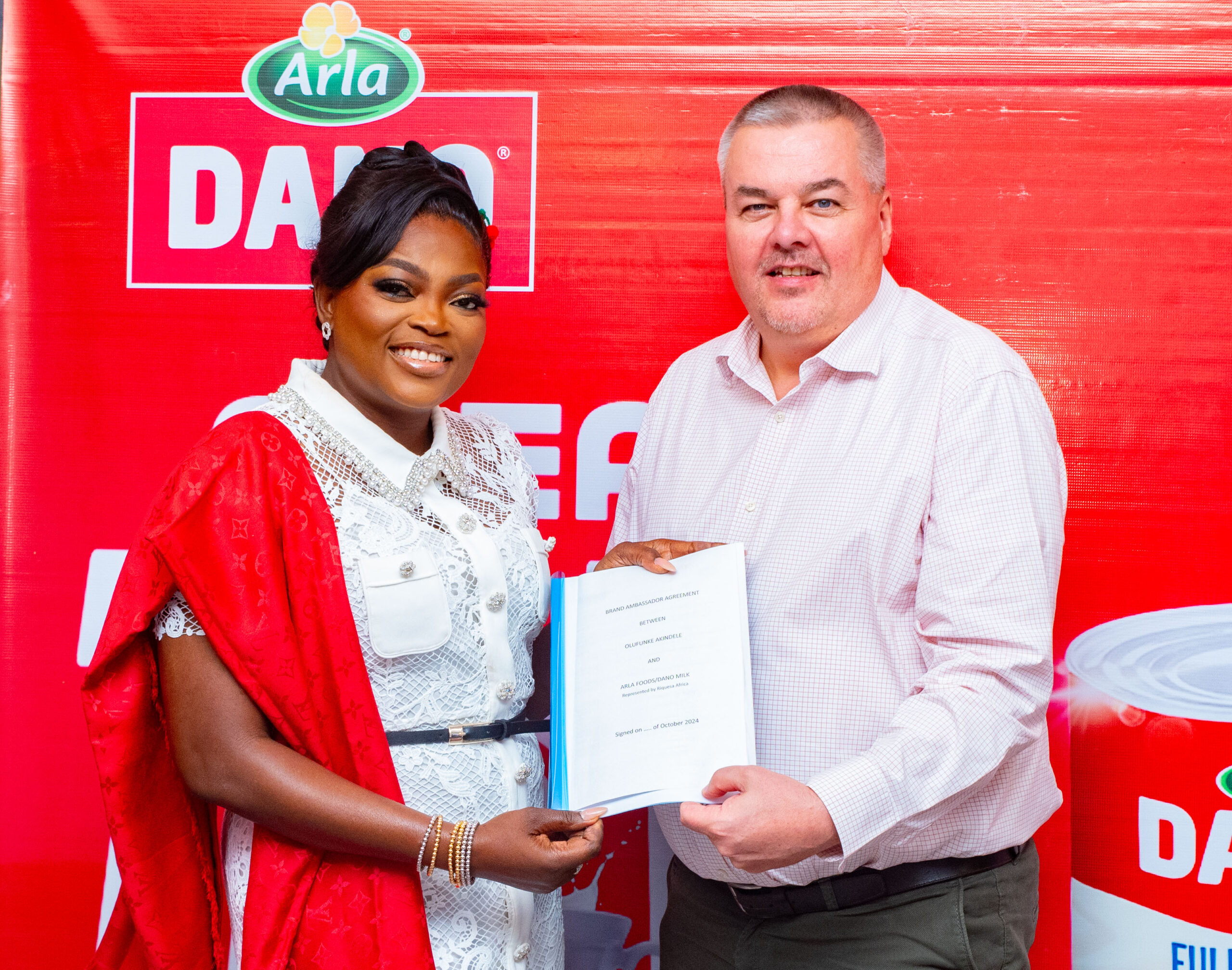 Funke Akindele and MD, Arla Foods, Mr Peder Pedersen at the unveiling of Funke Akindele as Brand Ambassador for Dano 