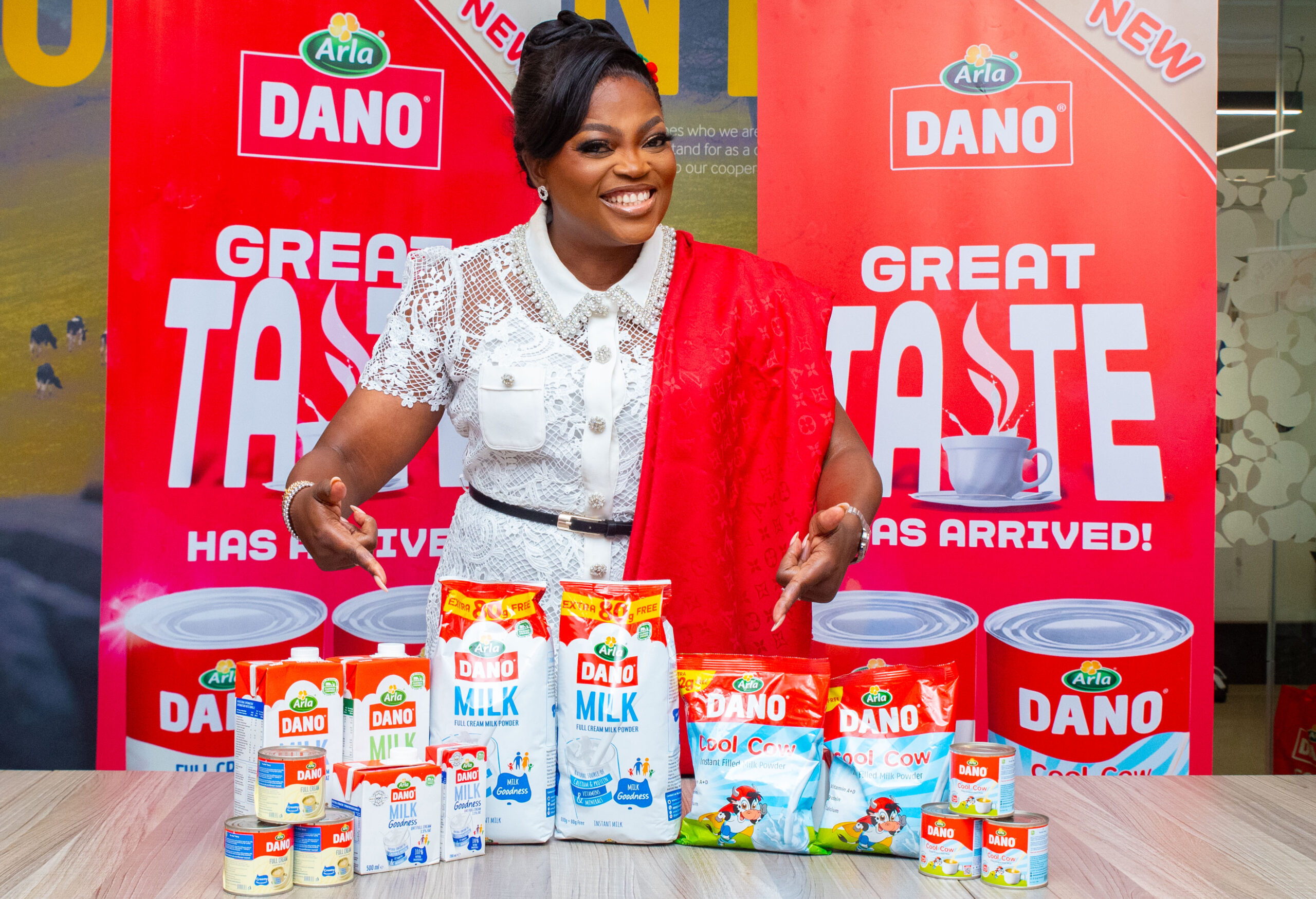 Funke Akindele and Dano products at the unveiling of Funke Akindele as Brand Ambassador for Dano