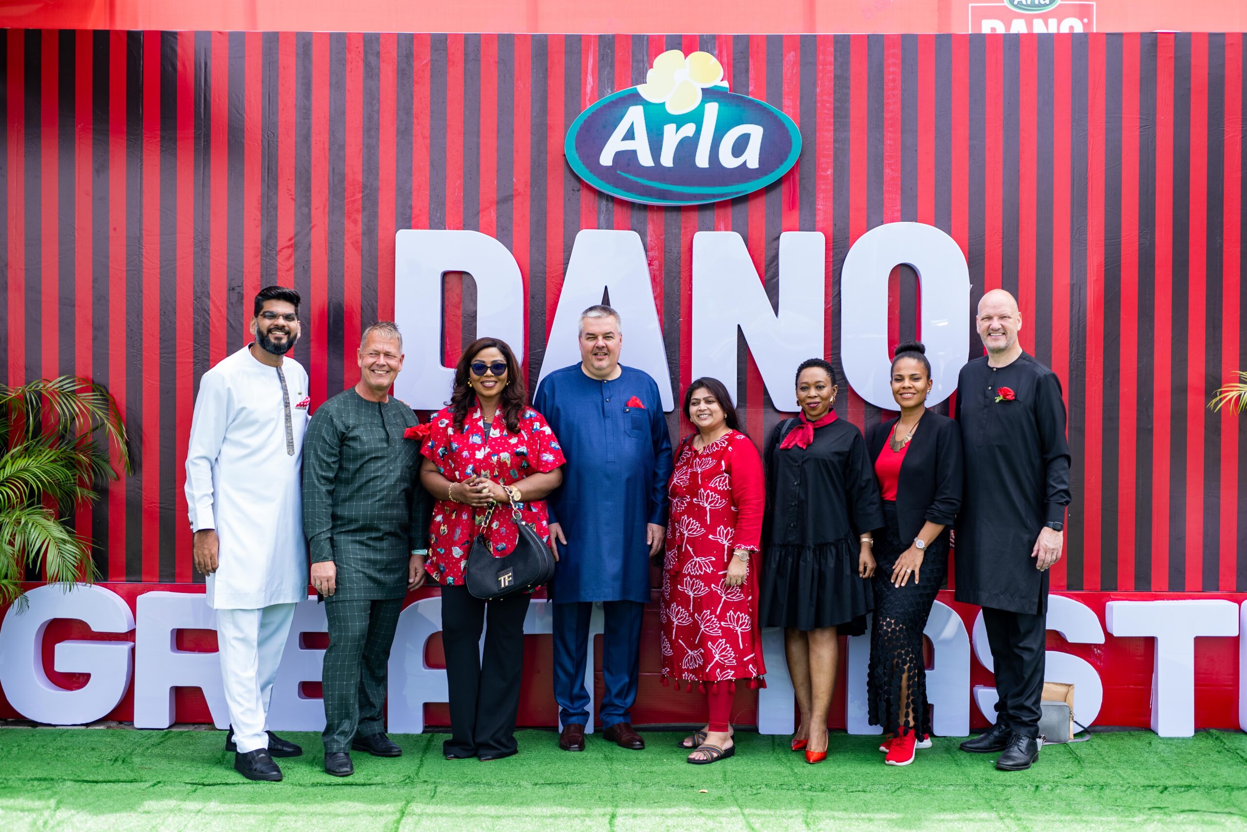 Guests at the launch of new Dano Milk variants: Senior Finance Manager, Arla Nigeria, Mr Santanu Bagaria; Head of Production, TG Arla, Mr Henrik Bagger; Senior Manager Quality, Environment, Health and Safety (QEHS), TG Arla, Ms Ogunbayo Yetunde; MD, Arla Foods, Mr Peder Pedersen; Chief Financial Controller, TG Arla, Ms Payal Bahla; Head of Human Resources, Arla Nigeria, Ms Chioma Ohiaeri; Senior Corporate Affairs and Communications Manager, Arla Nigeria, Ms Elele Ogunsanya; and Head of Raw Milk Supply and Production, Arla Nigeria, Mr Snorri Sigurdsson