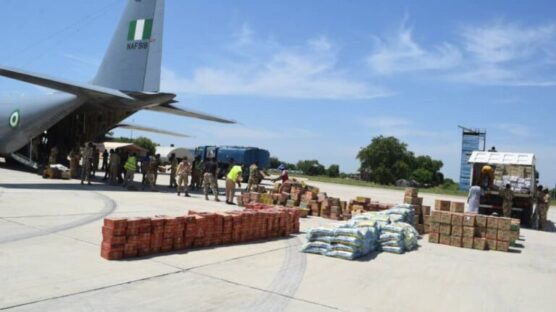 The Nigerian Air Force (NAF) has airlifted the relief materials donated by the First Lady, Sen. Remi Tinubu, to victims of the Borno flood disaster