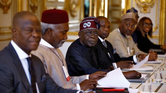 Nigerian president Bola Tinubu (C) and his delegation attend a meeting with French President at the Elysee palace in Paris, on November 28, 2024. (Photo by Sarah Meyssonnier / POOL / AFP)