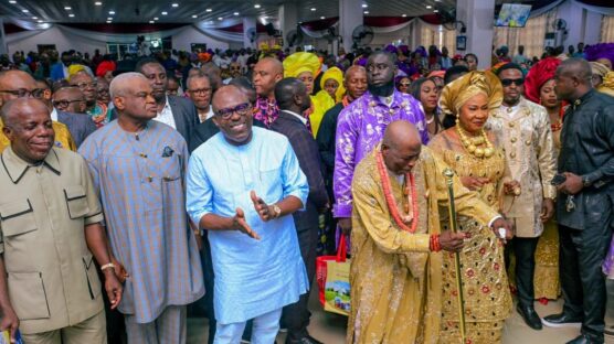 Rivers State Governor, Sir Siminalayi Fubara (middle); and Chairman, Rivers State Council of Traditional Rulers, Eze Chike Worlu Wodo (2nd right); praising God while Chairman, Governing Council of Ignatius Ajuru University of Education, Chief Adokiye Amasiemaka (2nd left); Chief Ambrose Nwuzi (left); and the Eze's wife (right) look on in admiration during the Thanksgiving Service in honor of the monarch at the Shepherd's Hill Parish of the Redeemed Christian Church of God at Mgbuoba, Obio/Akpor Local Government Area on Sunday