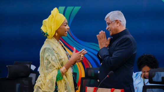 L-R: Hon. Minister of Art, Culture, Tourism and the Creative Economy Hon. Hannatu Musa Musawa exchanging Pleasantries with Union Minister of Culture and Tourism of India, Gajendra Singh Shekhawat at the G20 Ministers of Culture Meeting in Salvador, Brazil at the weekend