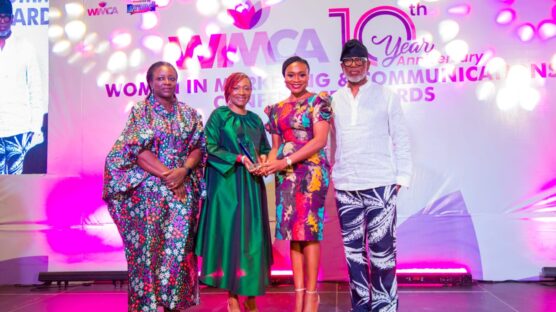 Tolulope Medebem, President, Experiential Marketers Association of Nigeria (EXMAN); Pai Gamde, Chief Talent Officer, Coronation Group; Ngozi Akinyele, Chief Marketing and Communications Officer, Coronation Group; Segun McMedal, President/CEO of Upticomm Marketing Company, at the presentation of the award for The Most Outstanding Women Initiative Launch of the Year at WIMCA 2024, last weekend.