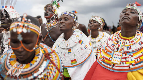 Traditionally attired members of the Samburu community perform a cultural dance at the Maa festival that brought members of Maasai tribes from across Kenya to the Samburu national reserve in Archer's Post, near Samburu, on November 7, 2024. The Maa Festival celebrates one of the best-known parts of Kenya's culture, which has been remarkably resilient even as it is strained by modernisation and climate change. (Photo by Tony KARUMBA / AFP)