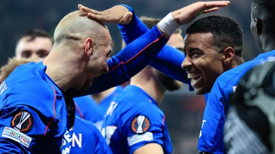 Scottish Premiership: Rangers' Moroccan striker #29 Hamza Igamane (R) celebrates after scoring his team's fourth goal during the UEFA Europa League football match between OGC Nice and the Glasgow Rangers at the Nice Stadium in Nice, southeastern France, on November 28, 2024. (Photo by Valery HACHE / AFP)